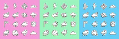 Cloud, Weather tahminleri, Storm, Snowflake, Rainbow with cloud and rain, Meteoroloji termometresi ve Dünya gezegeni bulutları ikonu. Vektör