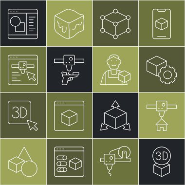 Satır Isometric küp, 3D yazıcı evi, silah, ayar, yazılım ve grafik tasarımcı simgesi ayarla. Vektör