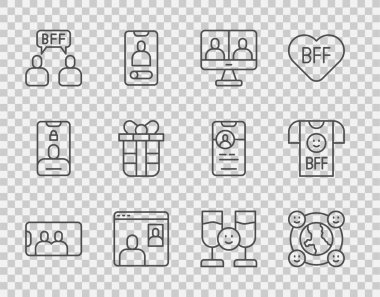 Cep telefonu, uluslararası toplum, görüntülü sohbet konferansı, en iyi arkadaş ya da en iyi arkadaş, hediye kutusu, alkol ve ikon içen arkadaşlar. Vektör
