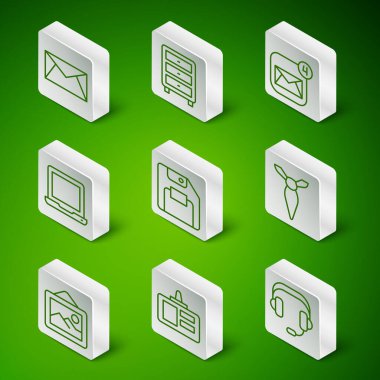 Satır başlıkları, kimlik kartı, posta ve e-posta, disket, dizüstü bilgisayar, arşiv kağıtları çekmecesi, resim manzarası ve kravat simgesi. Vektör