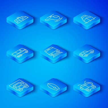 Hattı kurun, kargo kamyonu, tren ve demiryolu, sörf tahtası, off road, yolcu gemisi, otobüs, tramvay ve Trolleybus ikonu. Vektör