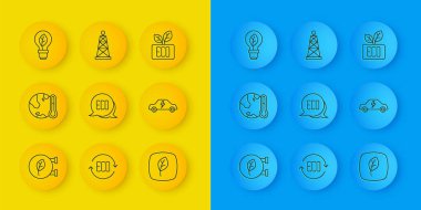 Çevre dükkanını, Dünya 'nın küresel ısınmaya erimesini Yaprak sembolünü, elektrikli arabayı, yapraklı ampulü ve petrol sondaj ikonunu ayarla. Vektör