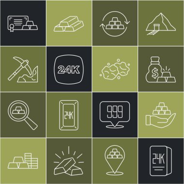 Altın külçeleri, elinde çanta dolusu altın, takas parası, madencilik, sertifika ve külçe ikonu. Vektör