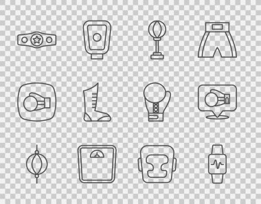 Sıralı kum torbası, kalbi olan akıllı saat, banyo terazisi, boks kemeri, boks ayakkabısı, kask ve eldiven ikonu. Vektör