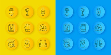 Çizgi, boks gongu, eldiven, MMA, ip atlama, Dumbbell, kalbi ve kum torbası ikonu olan akıllı saat. Vektör