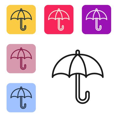 Beyaz arkaplanda izole edilmiş, siyah çizgi klasik, zarif, açık şemsiye simgesi. Yağmur koruma sembolü. Renkli kare düğmelerle simgeleri ayarla. Vektör.