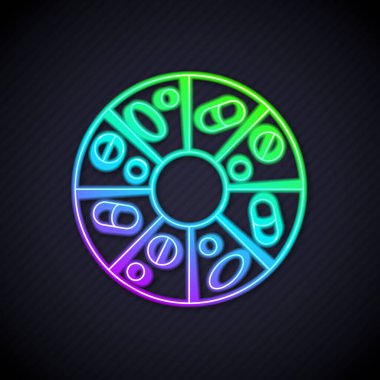 Siyah zemin üzerinde izole edilmiş hap kapsülü ikonu vitamin kompleksi. Sağlıklı bir yaşam tarzı. Vektör.