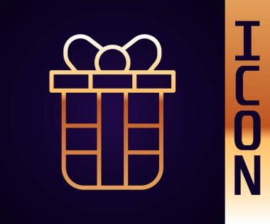 Altın çizgili hediye kutusu simgesi siyah arkaplanda izole edildi. Doğum günün kutlu olsun. Vektör.