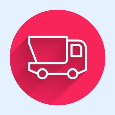 Beyaz çizgi oyuncak kamyon ikonu uzun gölge arkaplan izole. Kırmızı daire düğmesi. Vektör