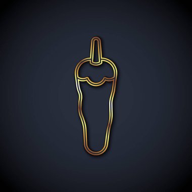 Gold line Hot chili pepper pod icon isolated on black background. Design for grocery, culinary products, seasoning and spice package, cooking book.  Vector