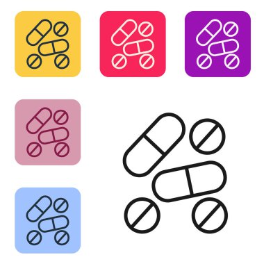Siyah çizgi ilaç hapı ya da beyaz arkaplanda izole edilmiş tablet ikonu. Kapsül hapı ve uyuşturucu işareti. Eczane tasarımı. Renkli kare düğmelerle simgeleri ayarla. Vektör