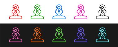 Siyah beyaz arkaplanda soru işareti simgesi olan çizgi insan kafası belirleyin. Vektör