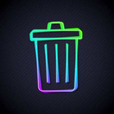 Parlayan neon hattı Çöp kutusu simgesi siyah arkaplanda izole edildi. Çöp kutusu tabelası. Sepet simgesini geri dönüştür. Ofis çöpü ikonu. Vektör