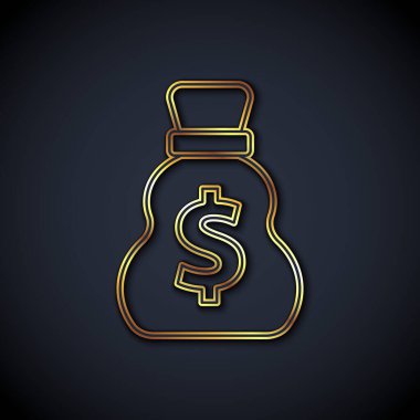 Altın çizgisi Eski para çantası simgesi siyah arka planda izole. Nakit bankacılık tabelası. Vektör