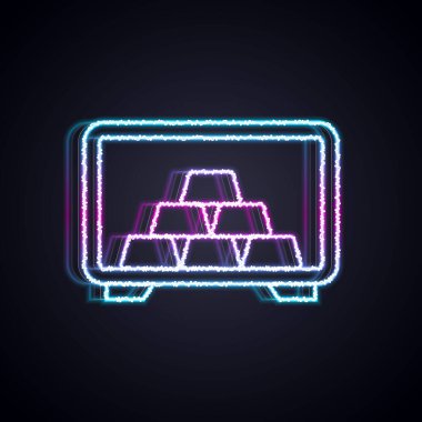 Parlayan neon hattı. Siyah arka planda izole edilmiş altın külçeleri olan kasa. Bankada değerli metaller var. Metalik hazine. Güvenilir veri koruması. Vektör