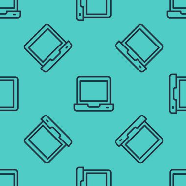 Siyah çizgi dizüstü bilgisayar simgesi yeşil arkaplandaki kusursuz deseni izole etti. Boş ekran işaretli bilgisayar defteri. Vektör