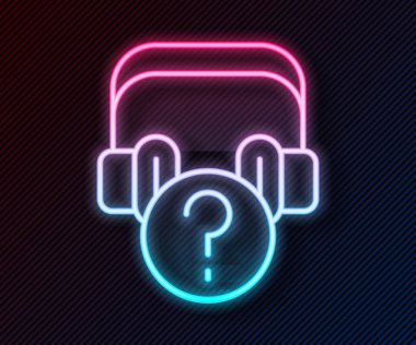 Siyah arkaplanda soru simgesi olan parlak neon hattı kulaklıklar. Müşteri hizmetleri, yardım hattı, çağrı merkezi, faq, bakım. Vektör