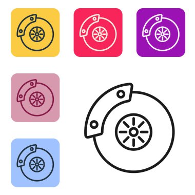 Beyaz arka planda izole edilmiş siyah çizgili araba fren diski. Renkli kare düğmelerle simgeleri ayarla. Vektör