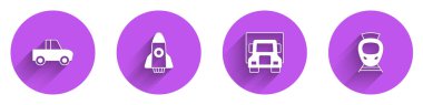 Kamyonet, roket gemisi, kargo, tramvay ve uzun gölgeli tren ikonu ayarlayın. Vektör