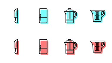 Çaydanlık, Bıçak, Buzdolabı ve Ölçme kabı simgesini ayarla. Vektör