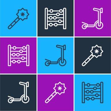 Sihirli değnek, patenli scooter ve abaküs ikonu. Vektör