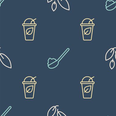 Çizgili çay yaprağı, bir fincan çay ve dikişsiz kaşık şekeri. Vektör