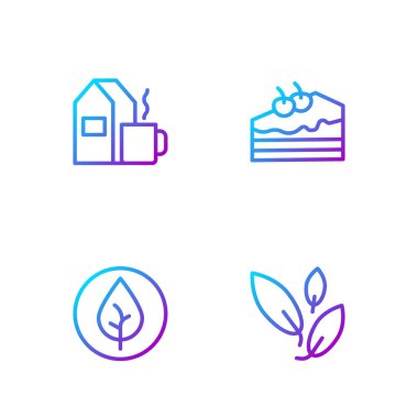 Çizgili çay yaprağı, sütlü çay fincanı ve kek. Renk simgeleri. Vektör