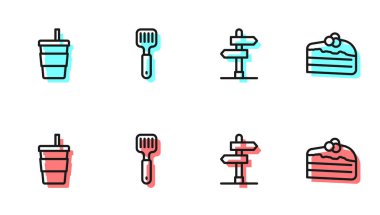 Yol işaretini ayarla, su dolu kağıt bardak, Spatula ve kek ikonu. Vektör