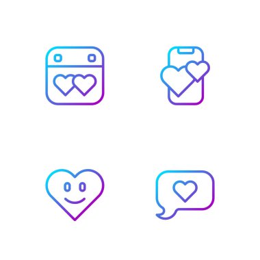 Satırı konuşma baloncuğunda ayarla, Takvimi kalp ve randevu uygulaması çevrimiçi mobil. Renk simgeleri. Vektör