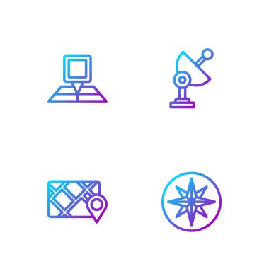 Çizgi Rüzgar yükseldi, haritalı GPS cihazı, katlanmış konum işareti ve radar. Renk simgeleri. Vektör