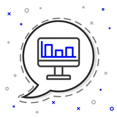 Grafik çizelgesi simgesi olan çizgi bilgisayar monitörü beyaz arkaplanda izole edildi. Metin dosyasını rapor et. Muhasebe tabelası. Denetim, analiz, planlama. Renkli taslak konsepti. Vektör.