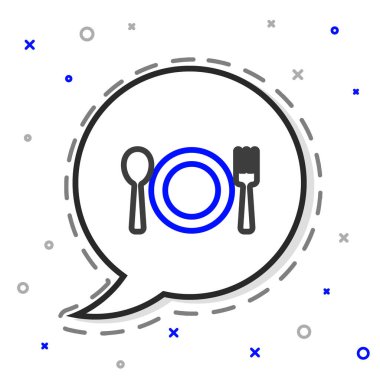 Beyaz arka planda hat plakası, çatal ve bıçak ikonu izole edildi. Çatal bıçak sembolü. Restoran tabelası. Renkli taslak konsepti. Vektör