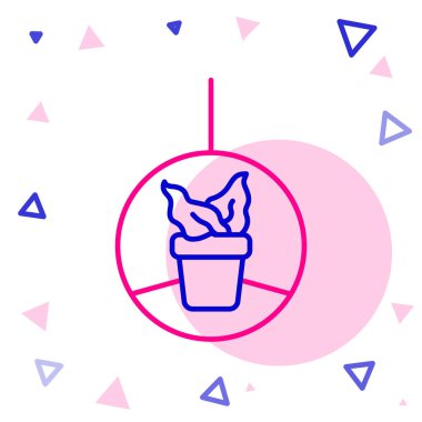 Asılı saksı ikonundaki çizgi bitkisi beyaz arka planda izole edilmiş. Çiçek saksısı için el yapımı dekoratif makrome askılar, kapalı alandaki bitkiler. Renkli taslak konsepti. Vektör