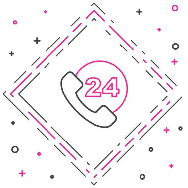 Hat Telefonu, beyaz arkaplanda 24 saatlik destek ikonu izole edildi. Tüm gün müşteri destek merkezi. Tam zamanlı çağrı servisi. Renkli taslak konsepti. Vektör