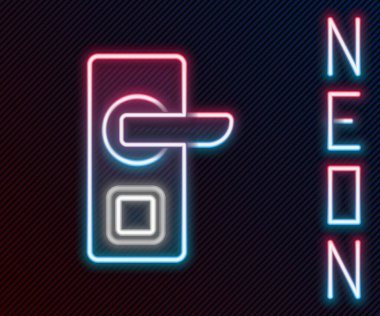 Parlak neon hattı dijital kapı kilidi, kablosuz kablosuz ağ teknolojisiyle siyah arkaplanda izole edilmiş bir anahtar. Kapı kolu tabelası. Güvenlik akıllı ev. Renkli taslak konsepti. Vektör