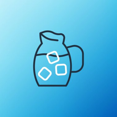 Mavi arka planda su ikonu olan çizgi sürahisi. Su için çaydanlık. İçme suyu dolu cam sürahi. Renkli taslak konsepti. Vektör