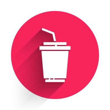 Saman içen beyaz kağıt bardak ve uzun gölgeli su ikonu. Soda bardağı. Taze soğuk içecek sembolü. Kırmızı daire düğmesi. Vektör.