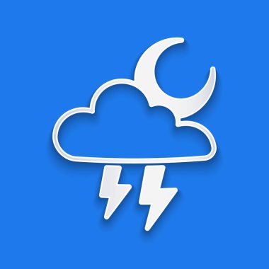 Kağıt kesiği Storm simgesi mavi arkaplanda izole edilmiş. Şimşek ve ay işareti olan bir bulut. Fırtınanın hava durumu ikonu. Kağıt sanatı tarzı. Vektör.