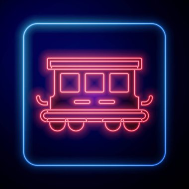 Parlayan neon ışıklı tren vagonları siyah arka planda izole edilmiş oyuncak ikonu. Tren vagonu. Vektör
