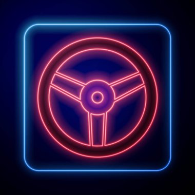 Parlayan neon direksiyon simgesi siyah arkaplanda izole edildi. Araba tekeri ikonu. Vektör