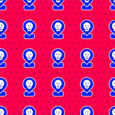 Mavi Radyoaktif konum simgesinde kırmızı arkaplanda izole edilmiş pürüzsüz desen. Radyoaktif zehirli sembol. Radyasyon tehlikesi işareti. Vektör