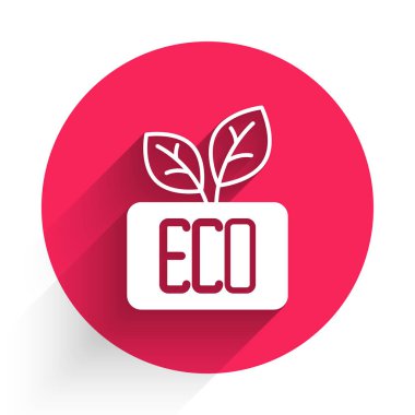 Beyaz Yaprak Çevre sembolü uzun gölge arkaplanı ile izole edilmiş. Pankart, etiket, etiket, logo, çevre yeşili etiketi. Kırmızı daire düğmesi. Vektör