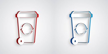 Kağıt kesiği, gri arkaplanda izole edilmiş geri dönüşüm sembolü simgesi olan geri dönüşüm kutusu. Çöp kutusu simgesi. Çöp kutusu tabelası. Geri dönüşüm sepeti işareti. Kağıt sanatı tarzı. Vektör