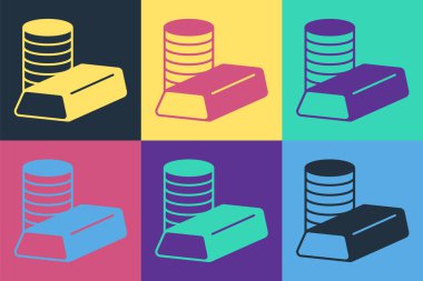 Altın külçeli pop sanat altın sikkesi. Renkli arka planda izole edilmiş. Bankacılık işareti. Para sembolü. Vektör