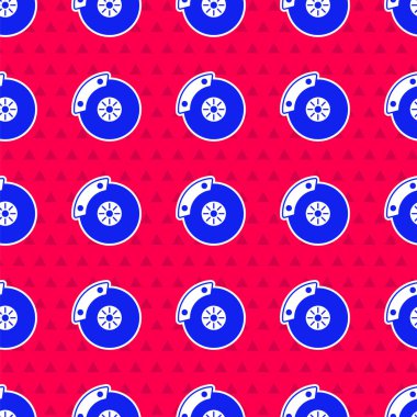 Caliper simgesi olan mavi araba fren diski kırmızı arka planda izole edilmiş. Vektör