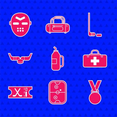 Fitness sallayıcısı, hava hokeyi masası, ilk yardım çantası, hokey bileti, buz çubukları ve disk ve maske ikonu. Vektör