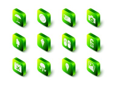 Plaj topu, seyahat bileti, fotoğraf makinesi, lütfen rahatsız etmeyin, parmak arası terlik, waffle külahında dondurma ve denizanası ikonu. Vektör