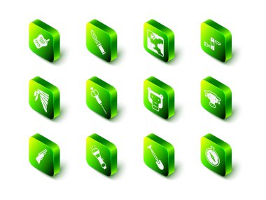 Avcı bıçağı, Afrika safari haritası, İsviçre ordusu, Afrika manda başı, pusula, maymun, kürek ve fener ikonu. Vektör