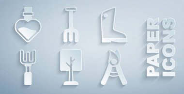 Orman, lastik eldiven, bahçe tırmığı, el yapımı makas ve iksir ikonlu şişe. Vektör