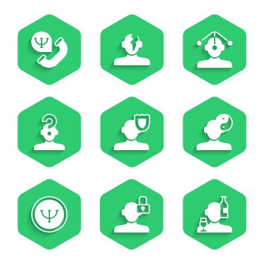 Set Psikolojisi, Kapalı Kişilik, Alkolizm, Yin Yang sembolü, soru işareti olan insan, Hipnoz ve Çevrimiçi Psikolojik Danışmanlık ikonu. Vektör